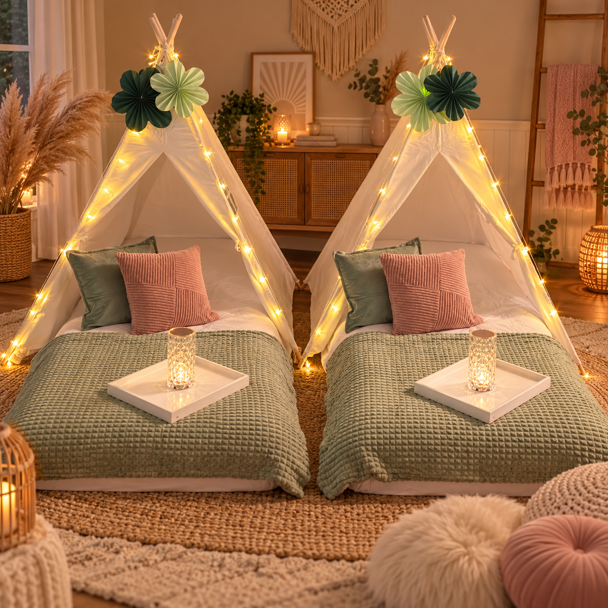 Magic Slumber boho teepee sleepover with sage green blankets, pink pillows, and warm fairy lights